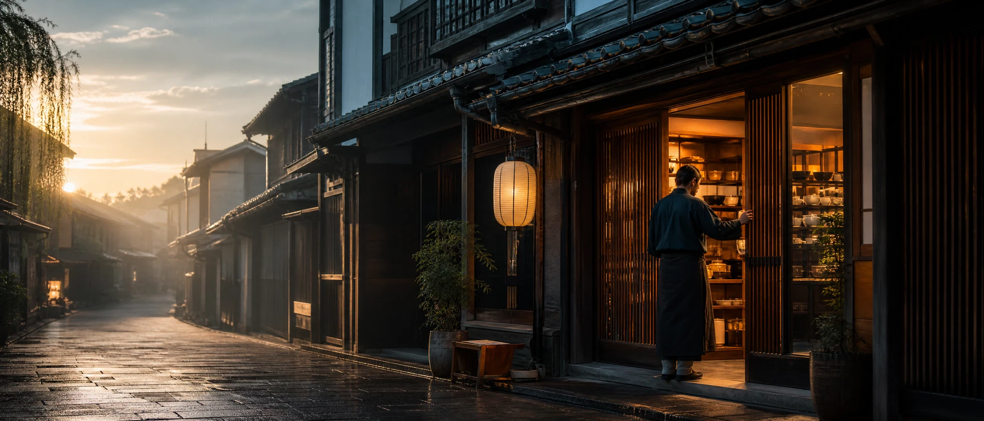 A new owner opens a traditional Japanese storefront at dawn